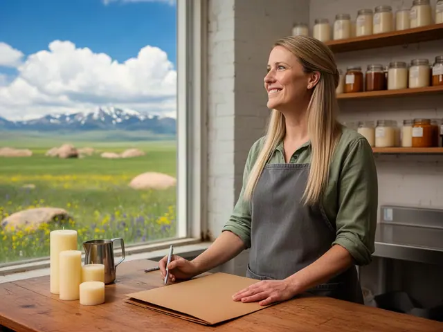 Smiling woman in green shirt and grey apron at a wooden counter holding a pen over a plain folder beside candles, window onto green plains and snowy range